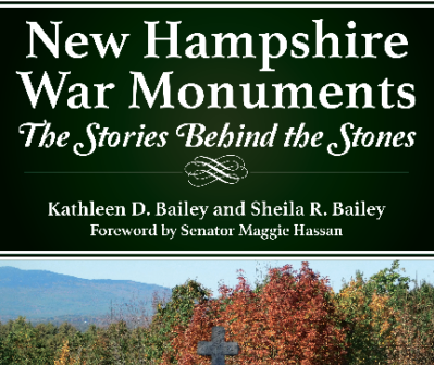 Cover of the book New Hampshire War Monuments. Text is in white font over a dark green background. Images of stone monuments are located above and below the title bar.