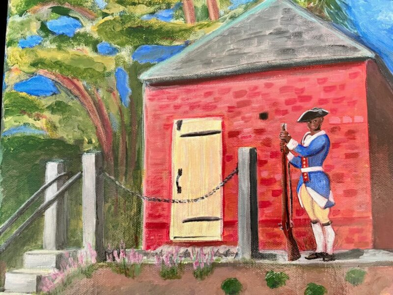 painting of a black soldier standing in front of a small brick buidling.
